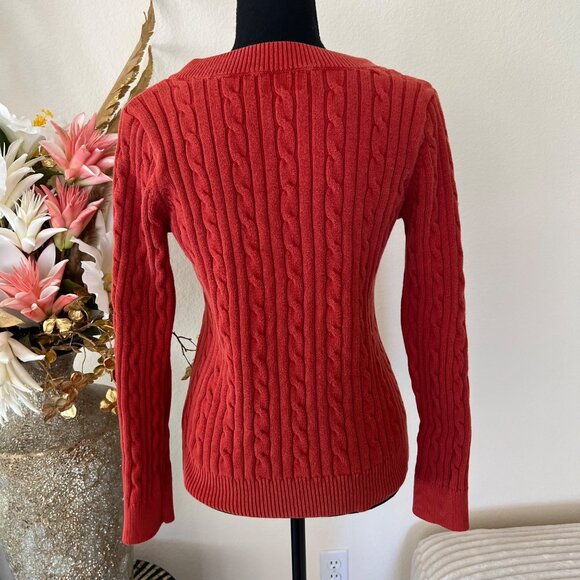 Burnt Orange Chaps Classics Fitted Cable Knit 100% Cotton V-neck Sweater - Picture 2 of 9